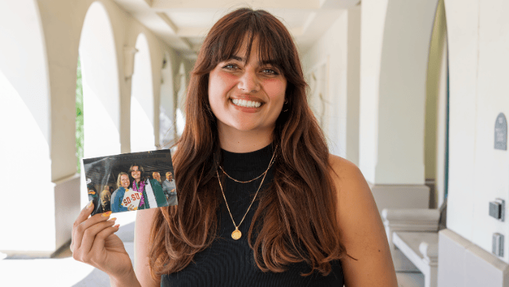 With her mother’s memory in hand, Ila Pecus celebrates strength, resilience and community at SDSU. (Erik Good/SDSU)